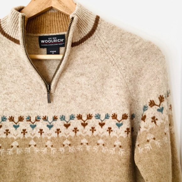 𝅺Woolrich Women’s Lamb’s Wool 1/4 zip Sweater M Raglan Skiing Fair Isle Camel - Picture 4 of 12